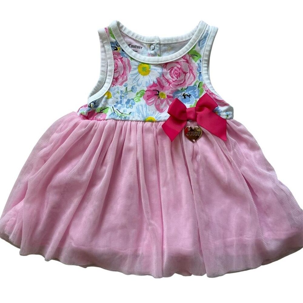 Juicy Couture Baby Girl Floral Tulle Tutu Dress Pink Bow Gold Charm 6-9 Months